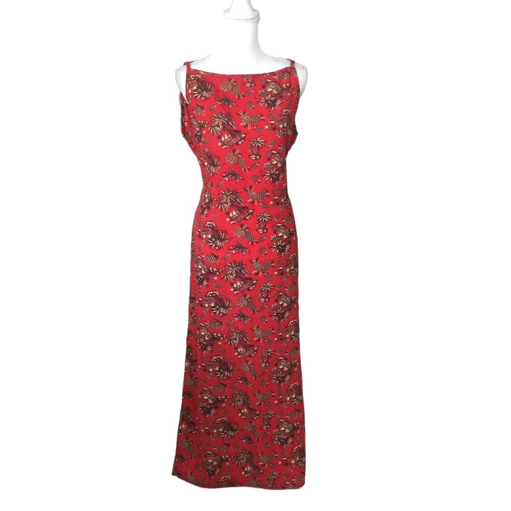 Democracy Palm Trees Tropical Sleeveless Maxi Dress Red Size L Vintage 90s USA